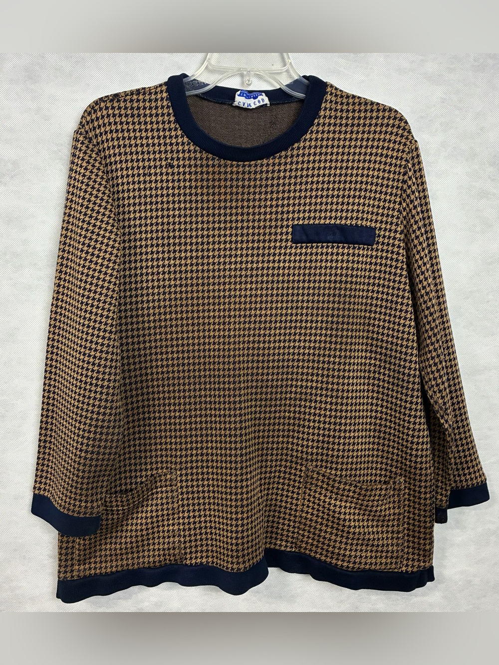 Vintage 80s Cape Cod Blue Tan Houndstooth Knit Top Tunic Large Flaw